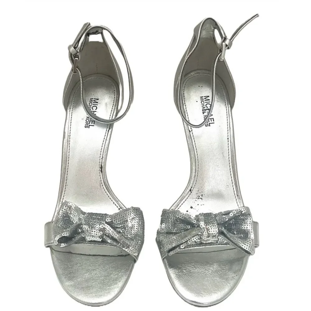 Michael Kors Paris Leather Stiletto‎ Heels Womens 7 Silver Metallic Bow Designer